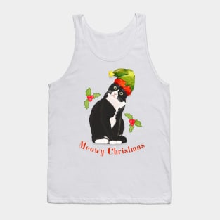 Meowy Christmas Cute Tuxedo Cat in Santa Hat Tank Top